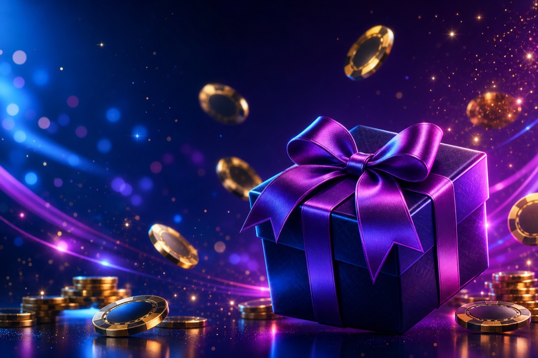 Very Well Casino welcome bonus — gift and chips in neon blue atmosphere